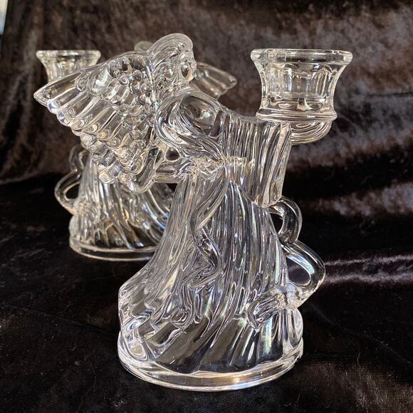 Pair Cherub Angel Candlestick Holders Mikasa Lead Crystal Clear Vintage Decor 2 - Picture 7 of 11